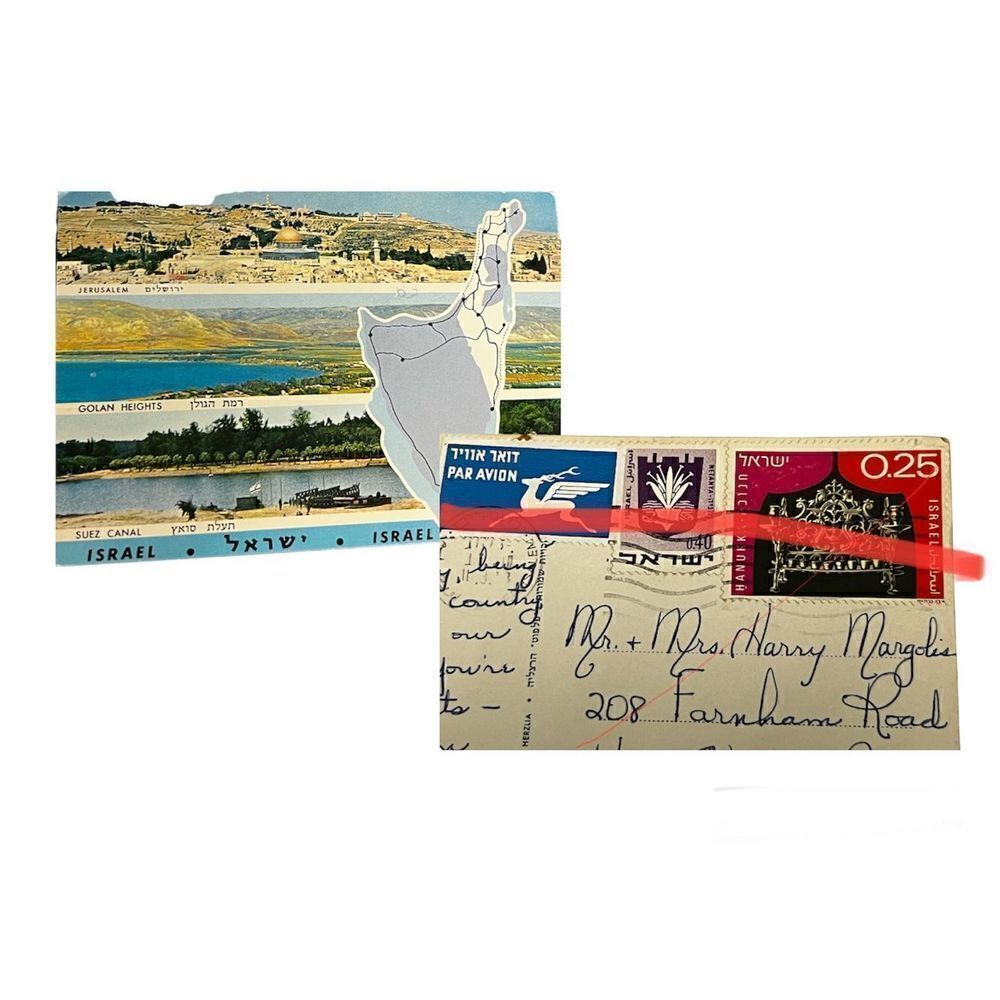Vintage ISRAEL 1953 STAMPS 25Cent 40Cent and 1 more on a postcard